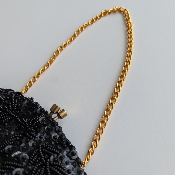 Vintage Petite Black Sequin and Beaded Evening Bag with Chain Handle - Picture 5 of 7